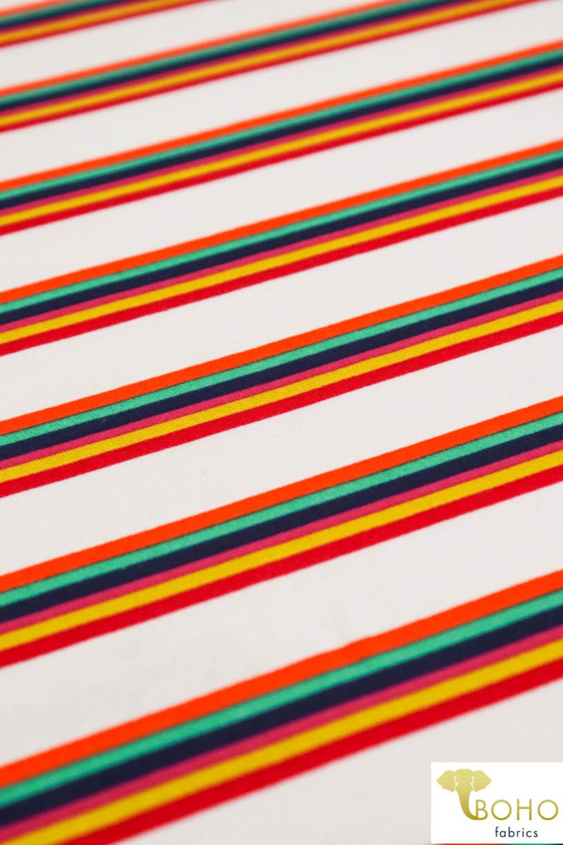 Last Cuts! DBP: Playful Rainbow Stripes on White. Double Brushed Poly Knit Fabric. BP-110-WHT - Boho Fabrics