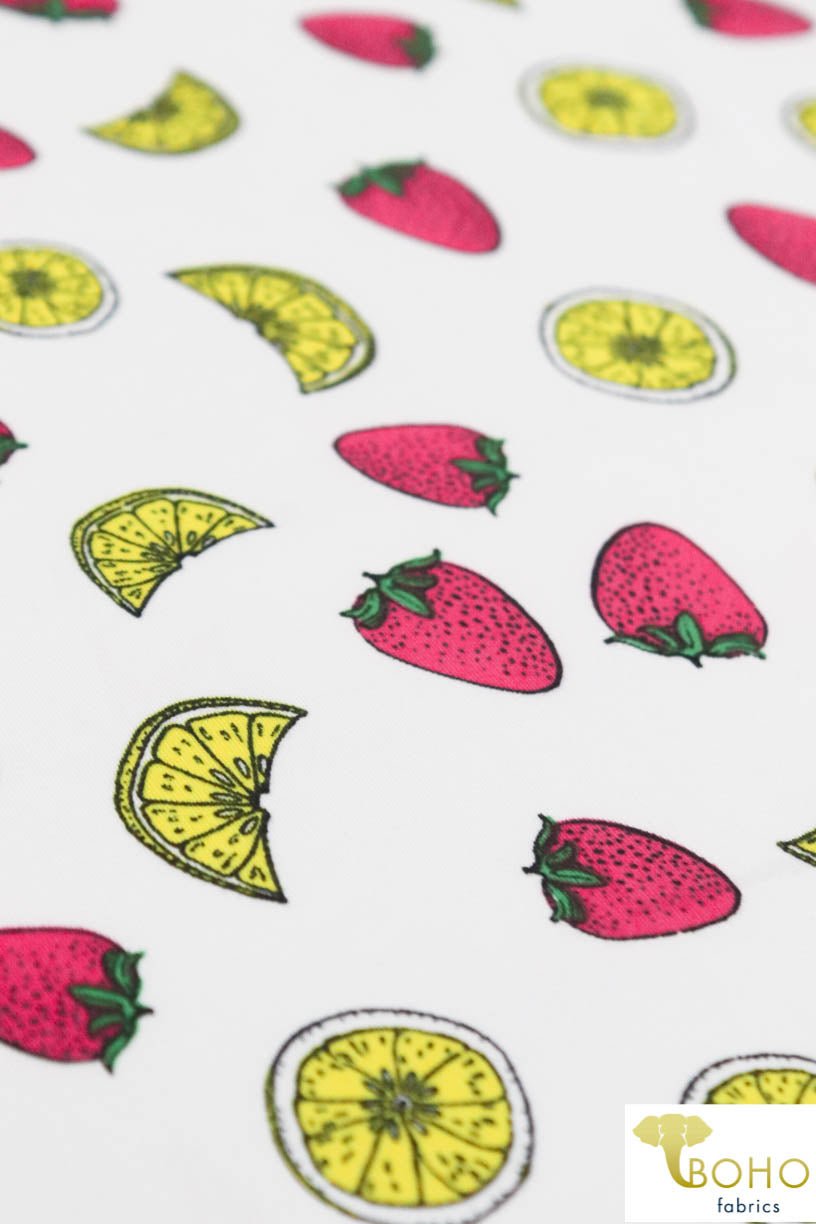 Last Cuts! DBP: Strawberry Lemonade on White. Double Brushed Poly Knit Fabric. BP-109-WHT - Boho Fabrics