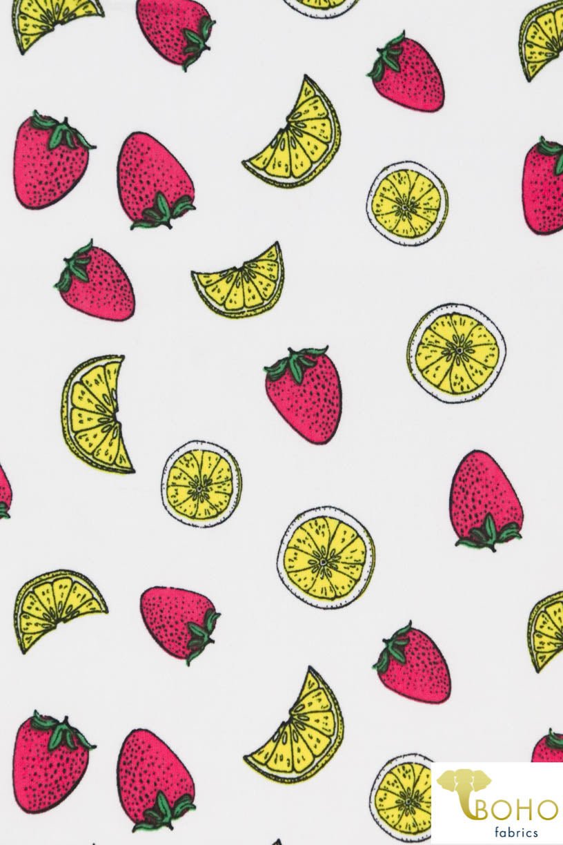Last Cuts! DBP: Strawberry Lemonade on White. Double Brushed Poly Knit Fabric. BP-109-WHT - Boho Fabrics