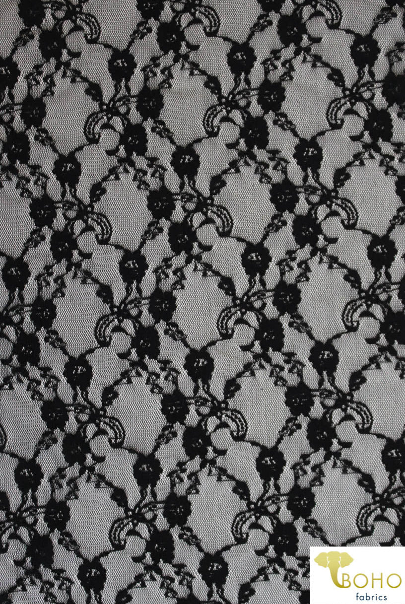 Last Cuts! "Diamond Flowers" in Black. Stretch Lace. SL-110-BLK. - Boho Fabrics