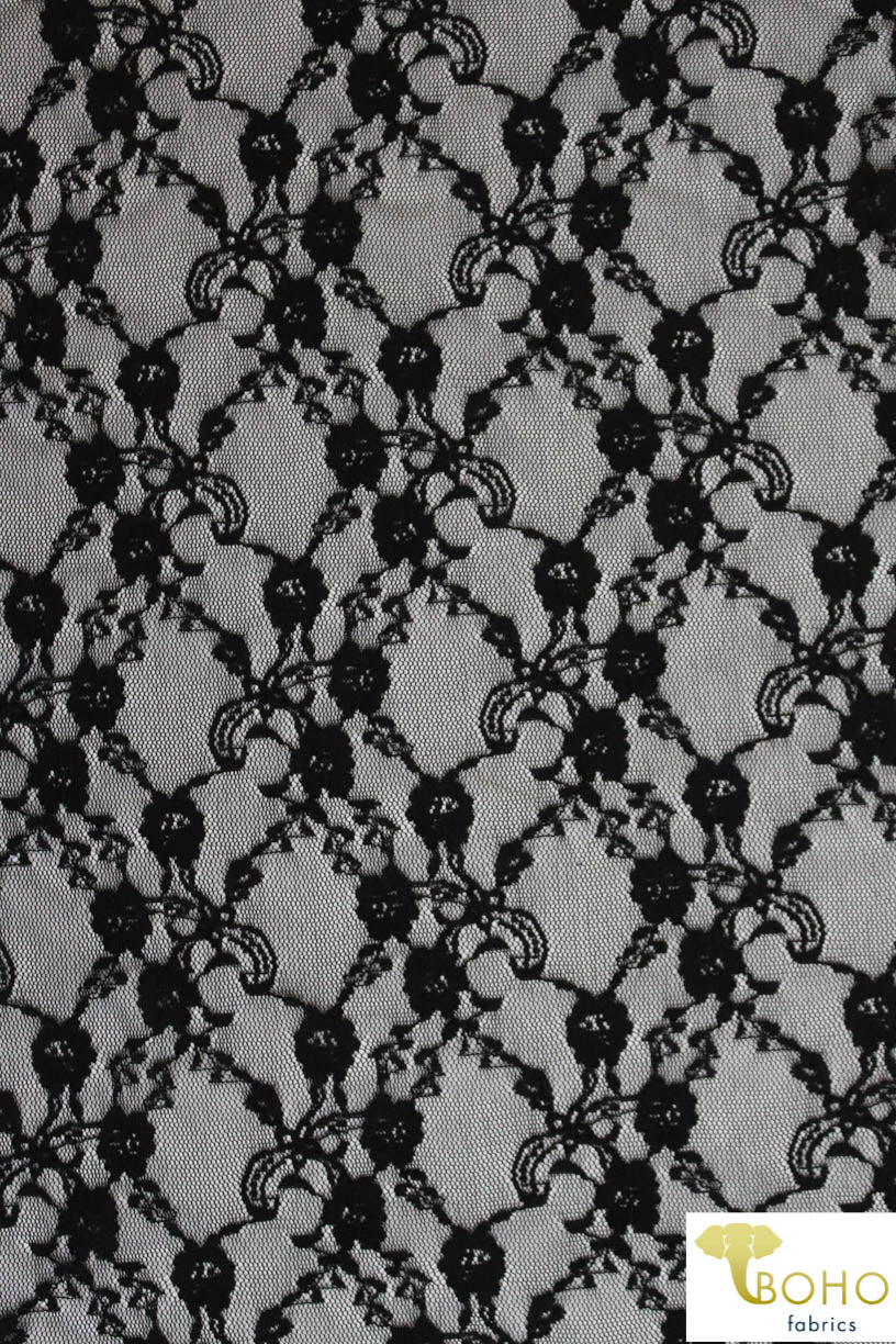 Last Cuts! "Diamond Flowers" in Black. Stretch Lace. SL-110-BLK. - Boho Fabrics