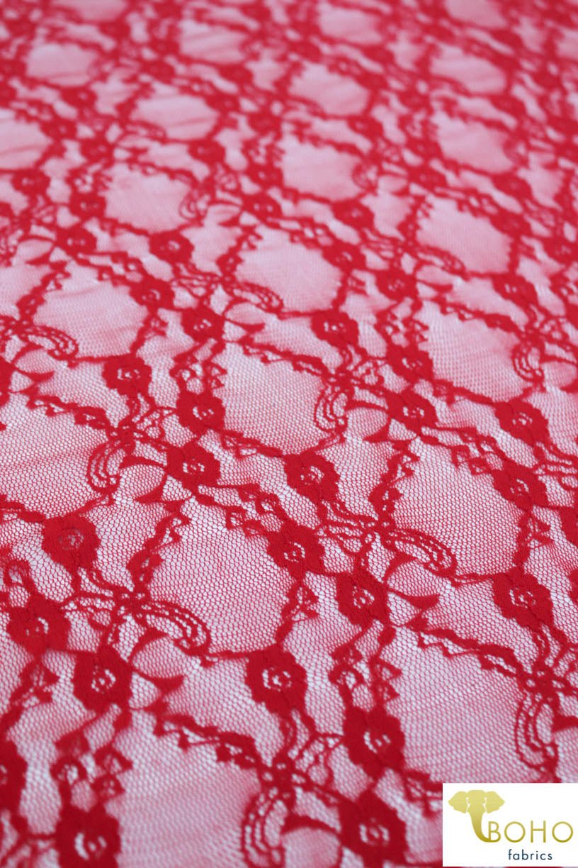 Last Cuts! "Diamond Flowers" in Classic Red. Stretch Lace. SL-110-RED. - Boho Fabrics