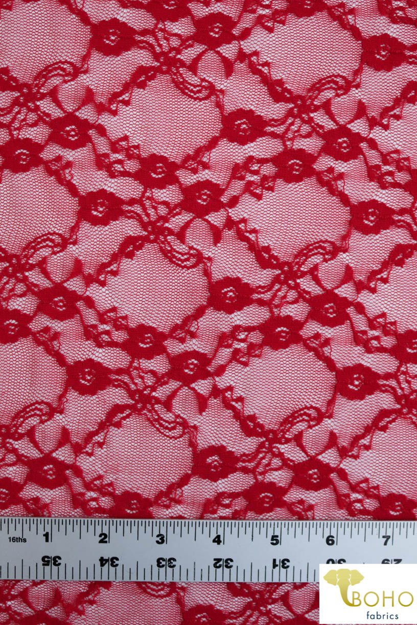 Last Cuts! "Diamond Flowers" in Classic Red. Stretch Lace. SL-110-RED. - Boho Fabrics