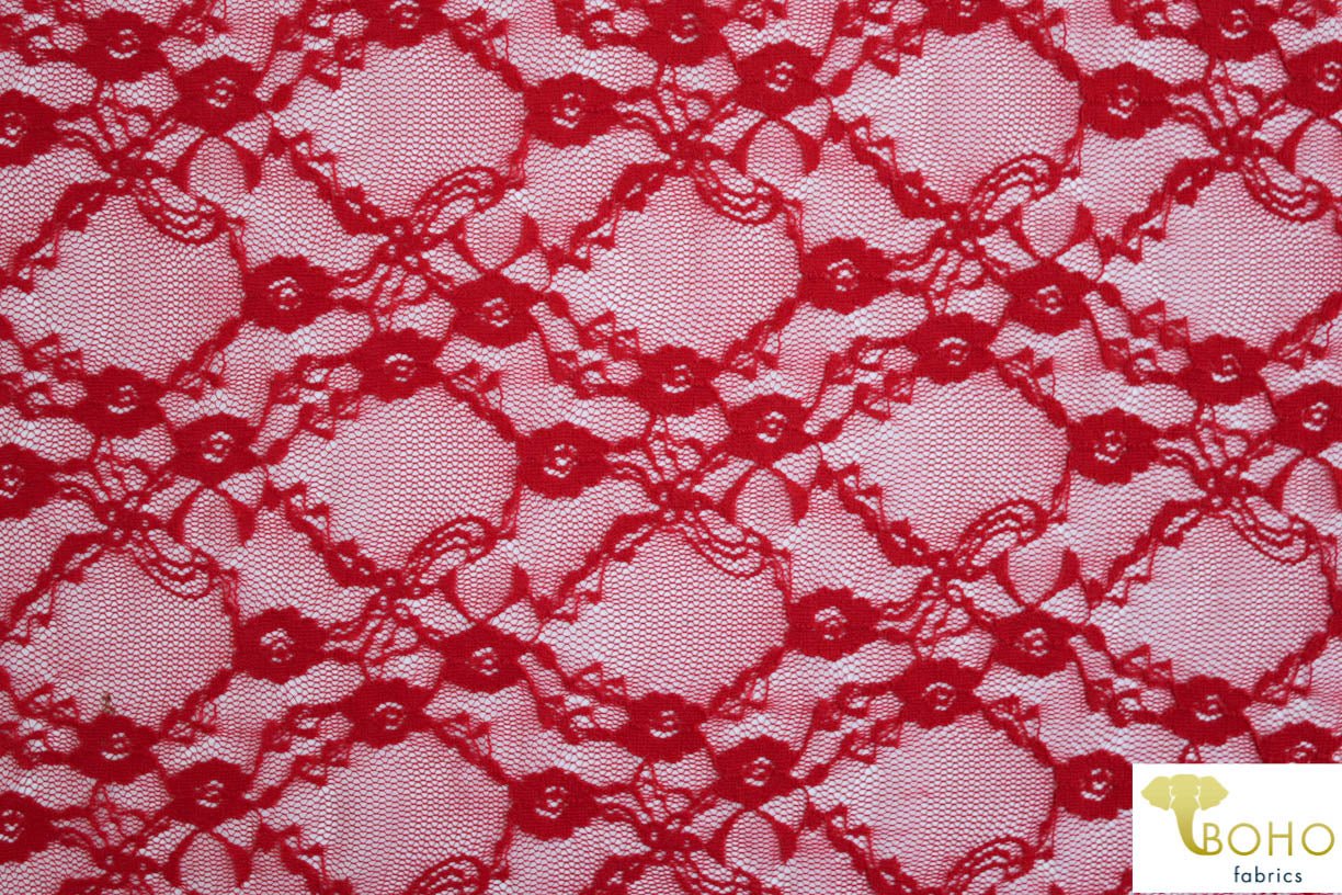 Last Cuts! "Diamond Flowers" in Classic Red. Stretch Lace. SL-110-RED. - Boho Fabrics