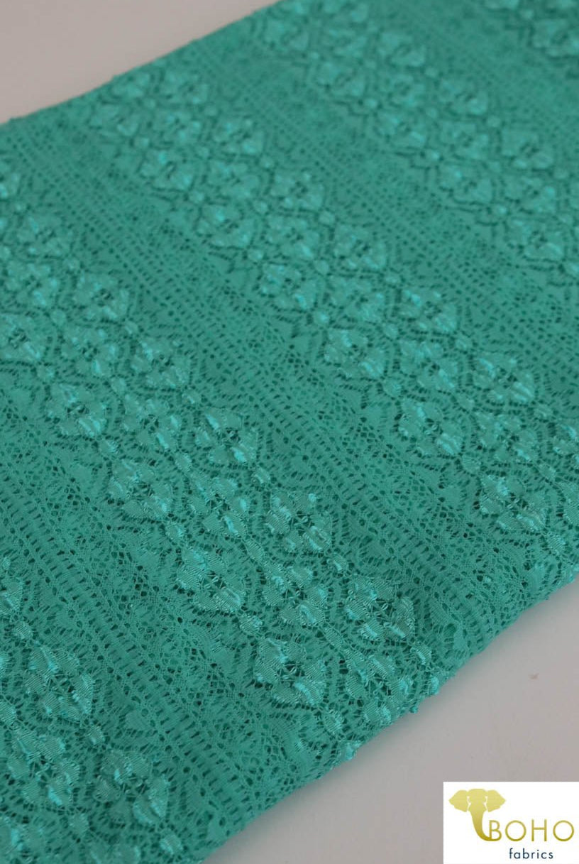 Last Cuts! Flower Kiss Crochet Stripes in Jeweled Aqua. Stretch Lace Knit. SL-106-AQA - Boho Fabrics - Stretch Lace Fabric