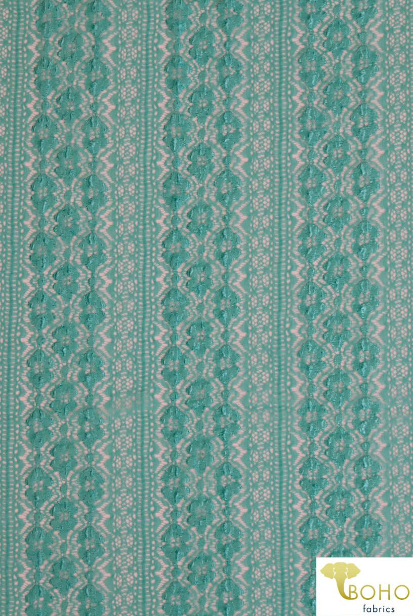 Last Cuts! Flower Kiss Crochet Stripes in Jeweled Aqua. Stretch Lace Knit. SL-106-AQA - Boho Fabrics - Stretch Lace Fabric