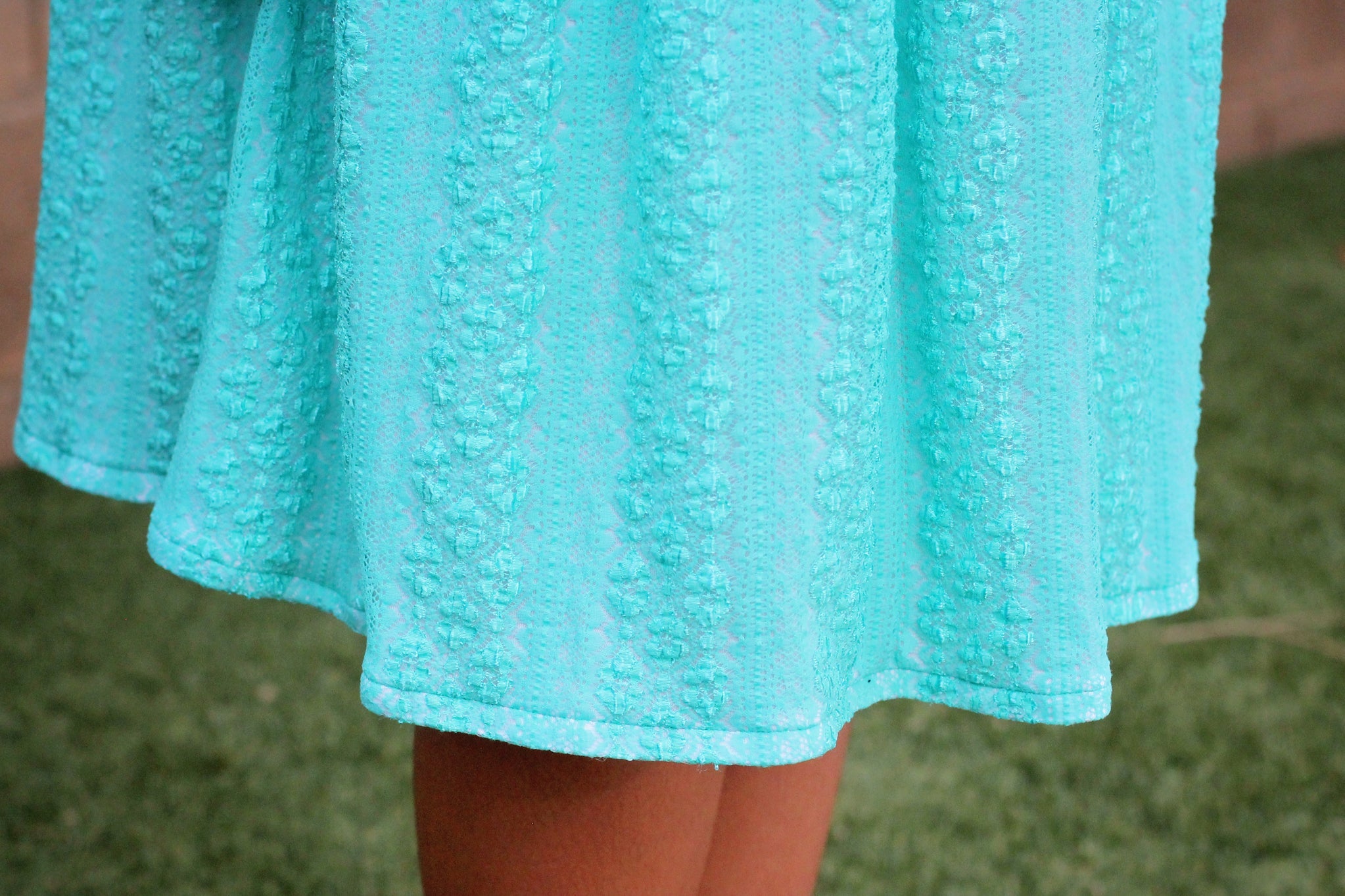 Last Cuts! Flower Kiss Crochet Stripes in Jeweled Aqua. Stretch Lace Knit. SL-106-AQA - Boho Fabrics - Stretch Lace Fabric