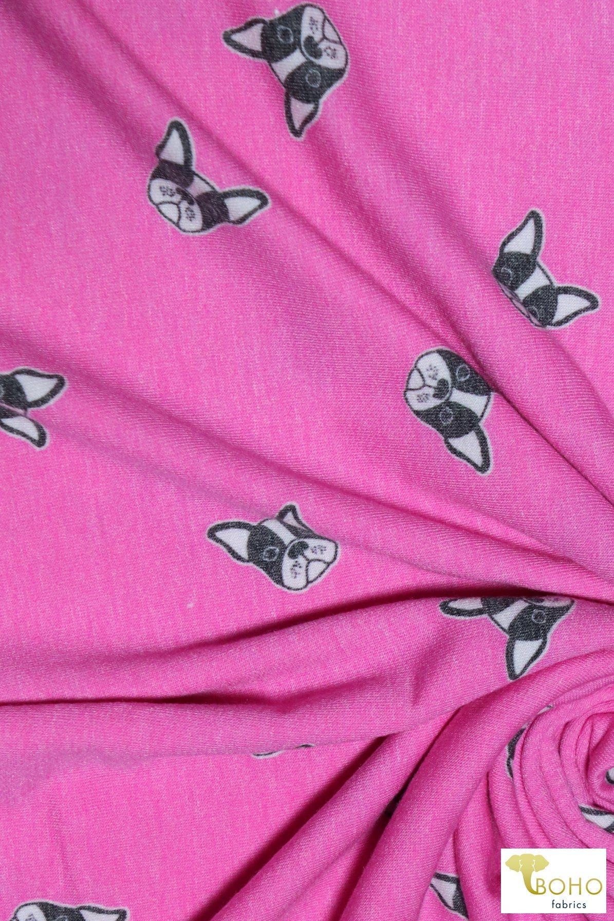 Last Cuts! Frenchies on Bubblegum Pink, Dog French Terry Knit Print, FTP-323-PNK - Boho Fabrics - French Terry Prints, Knit Fabric