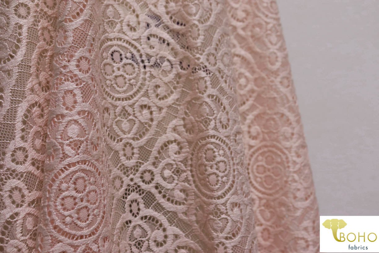 Last Cuts! Kashmir Diamonds in Blush Pink. Stretch Lace. SL-104. - Boho Fabrics