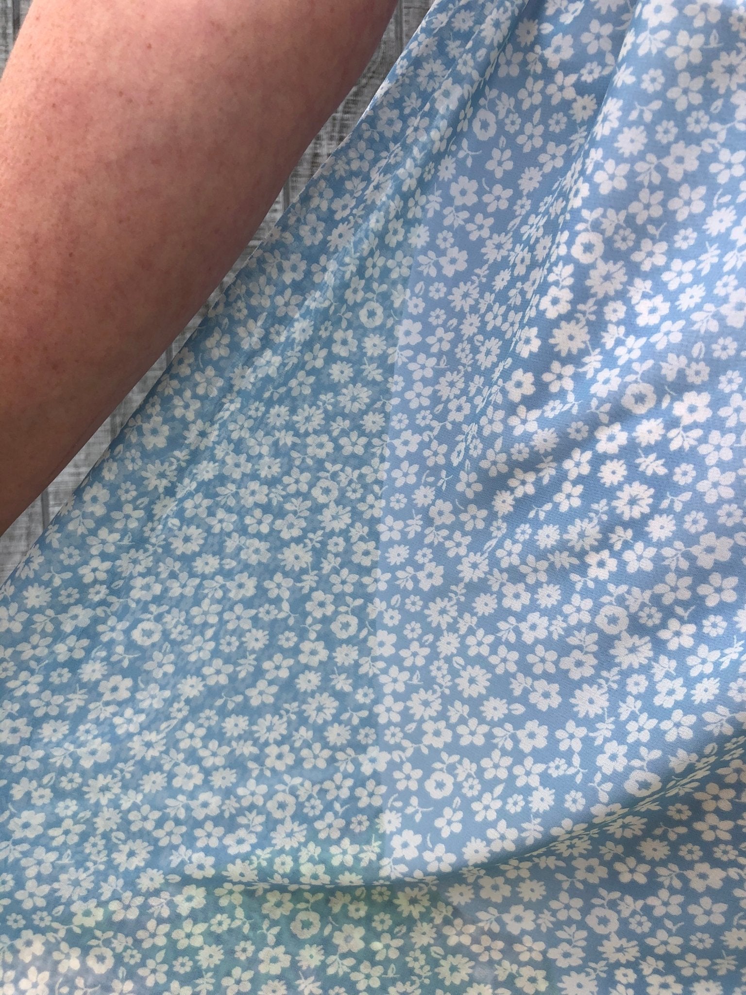 LAST CUTS! Little White Flowers on Light Blue. Poly Chiffon Woven Fabric. WV-142 - Boho Fabrics