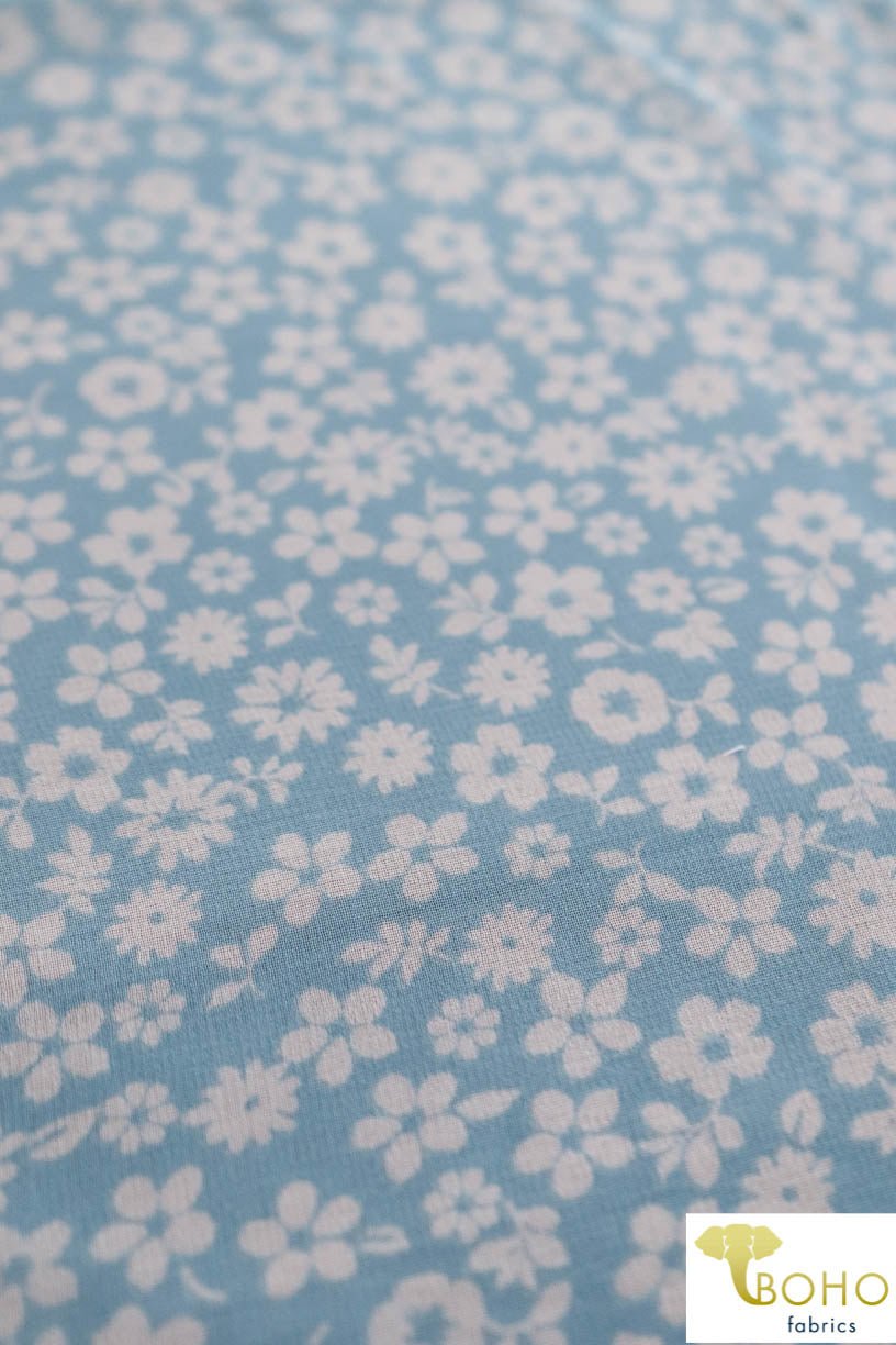 LAST CUTS! Little White Flowers on Light Blue. Poly Chiffon Woven Fabric. WV-142 - Boho Fabrics