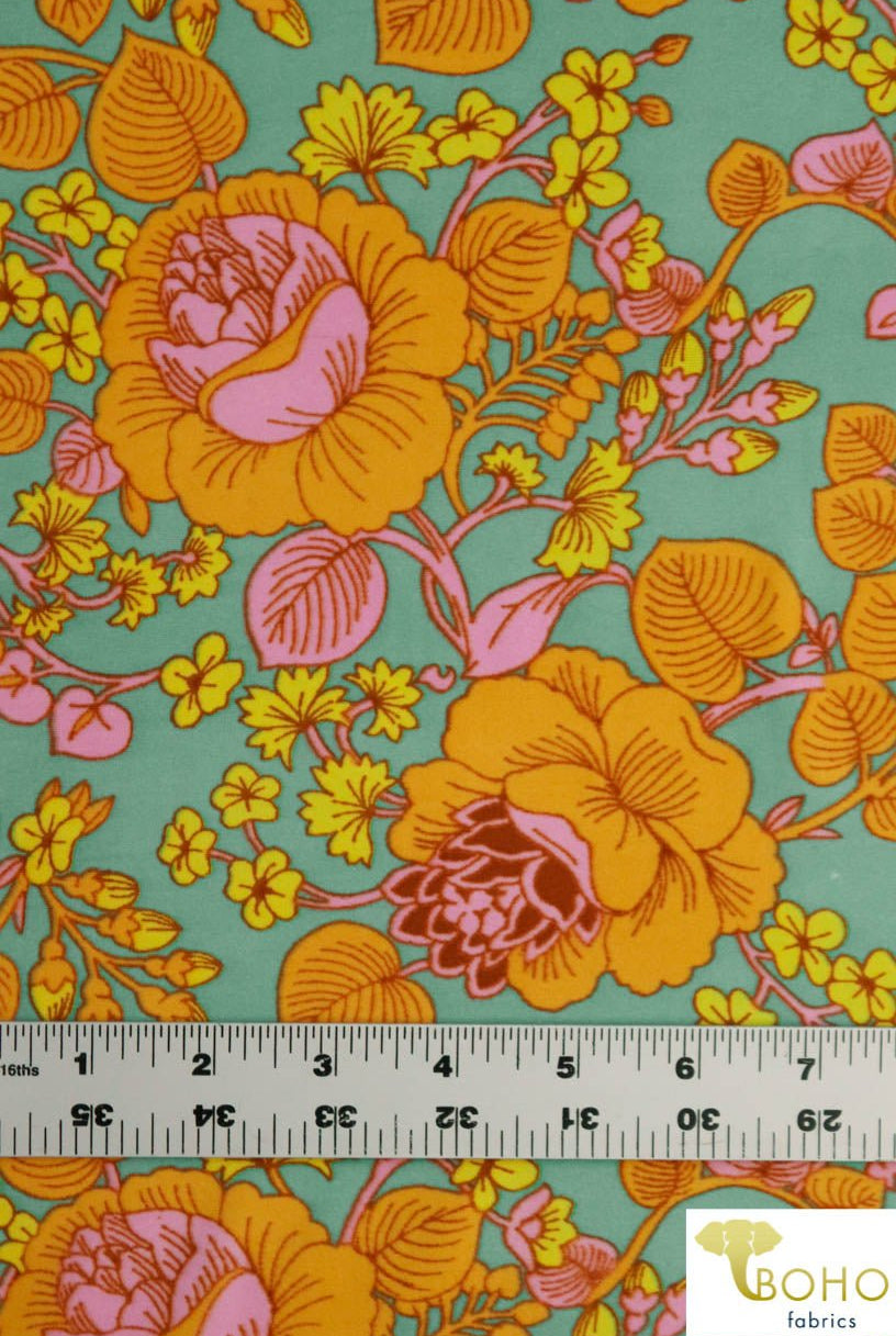 Last Cuts! Lotus Vines in Yellows and Pink on Seafoam Green/Blue. Double Brushed Poly Knit Fabric. BP-112-GRN - Boho Fabrics