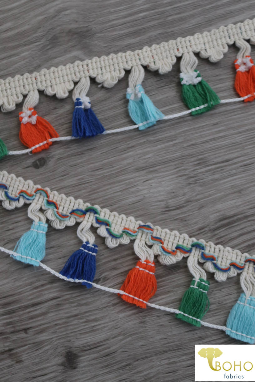 Last Cuts! Moroccan Bazaar, Multi Color 1.75" Woven Tassle Fringe. FRG-006. - Boho Fabrics