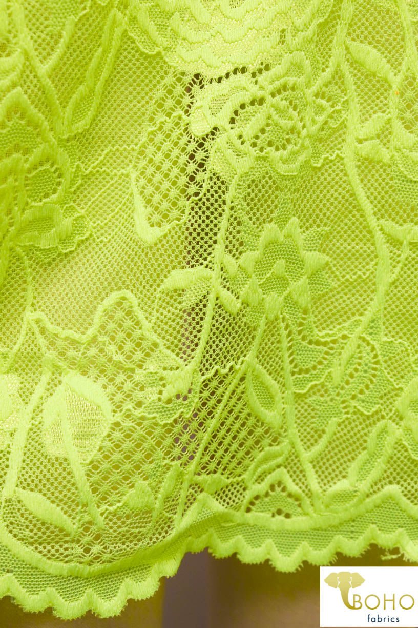 Last Cuts! Neon Yellow Carnations. Double Scallop Stretch Lace. SL-101. - Boho Fabrics