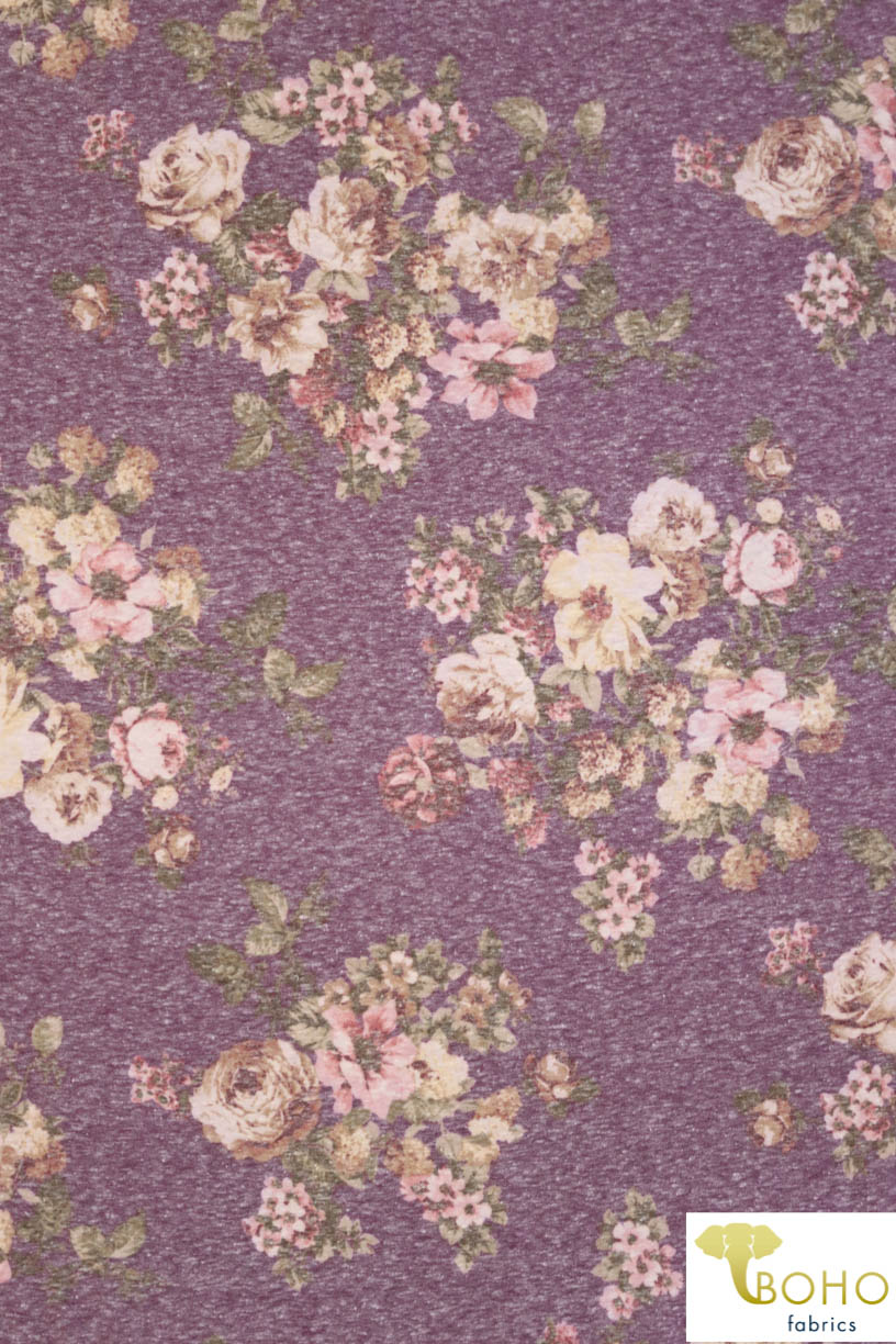 Last Cuts! Orchid Bouquet on Heather Purple. Tri-Blend Jersey Knit. JER-P-104. - Boho Fabrics