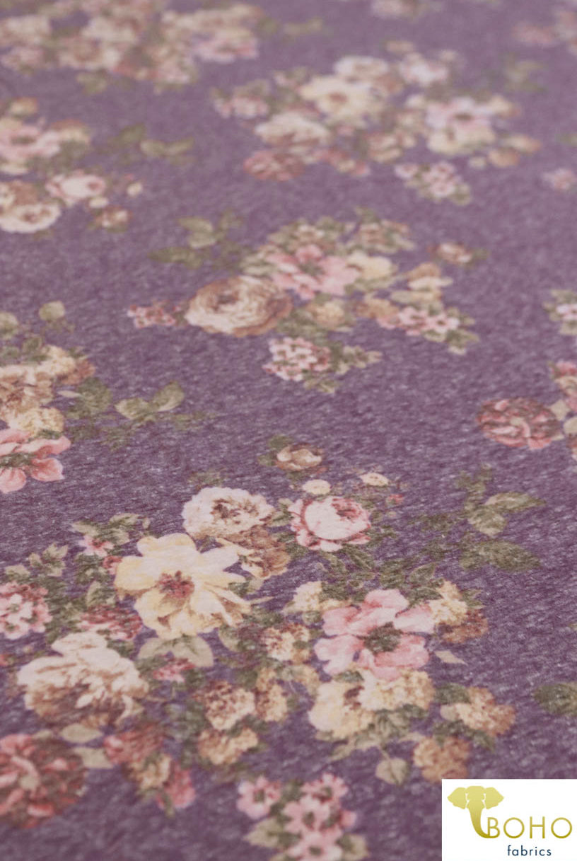 Last Cuts! Orchid Bouquet on Heather Purple. Tri-Blend Jersey Knit. JER-P-104. - Boho Fabrics