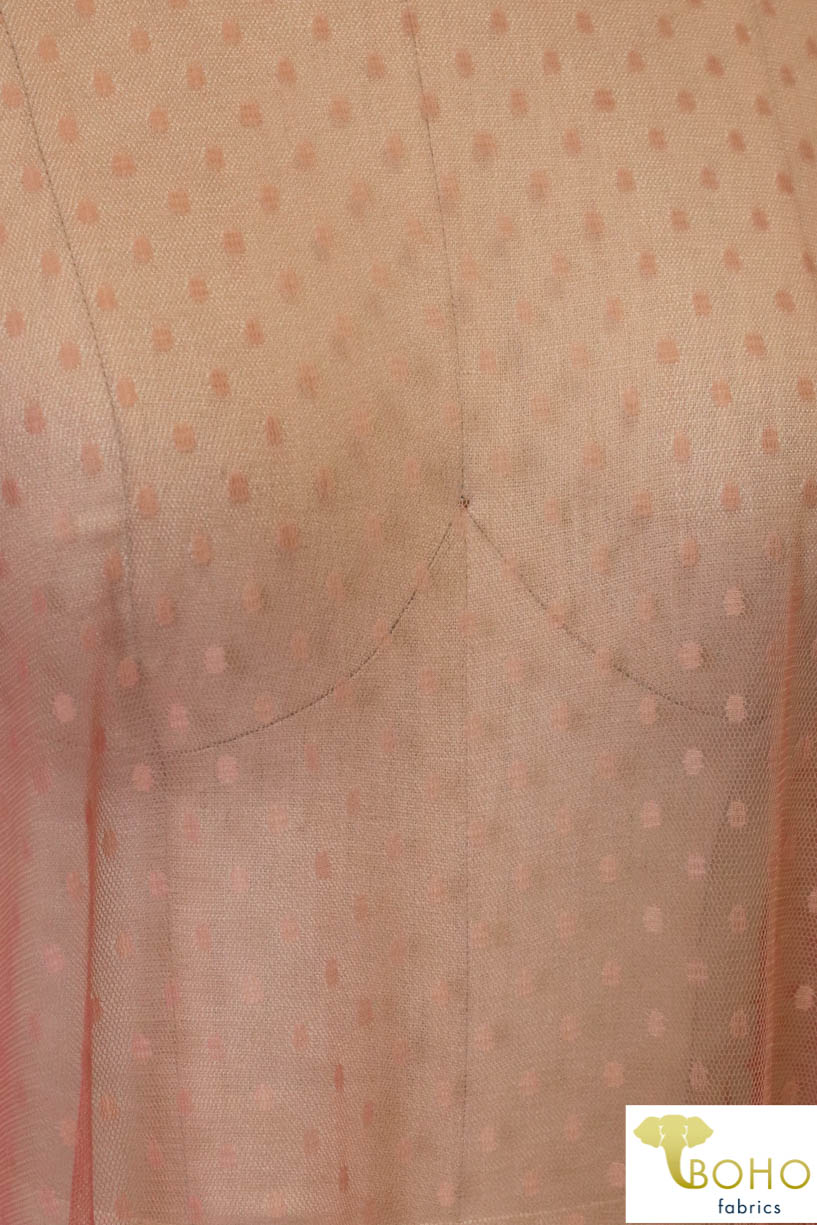 Last Cuts! Peach Pink Oval Swiss Dot. Stretch Mesh. SM-105. - Boho Fabrics