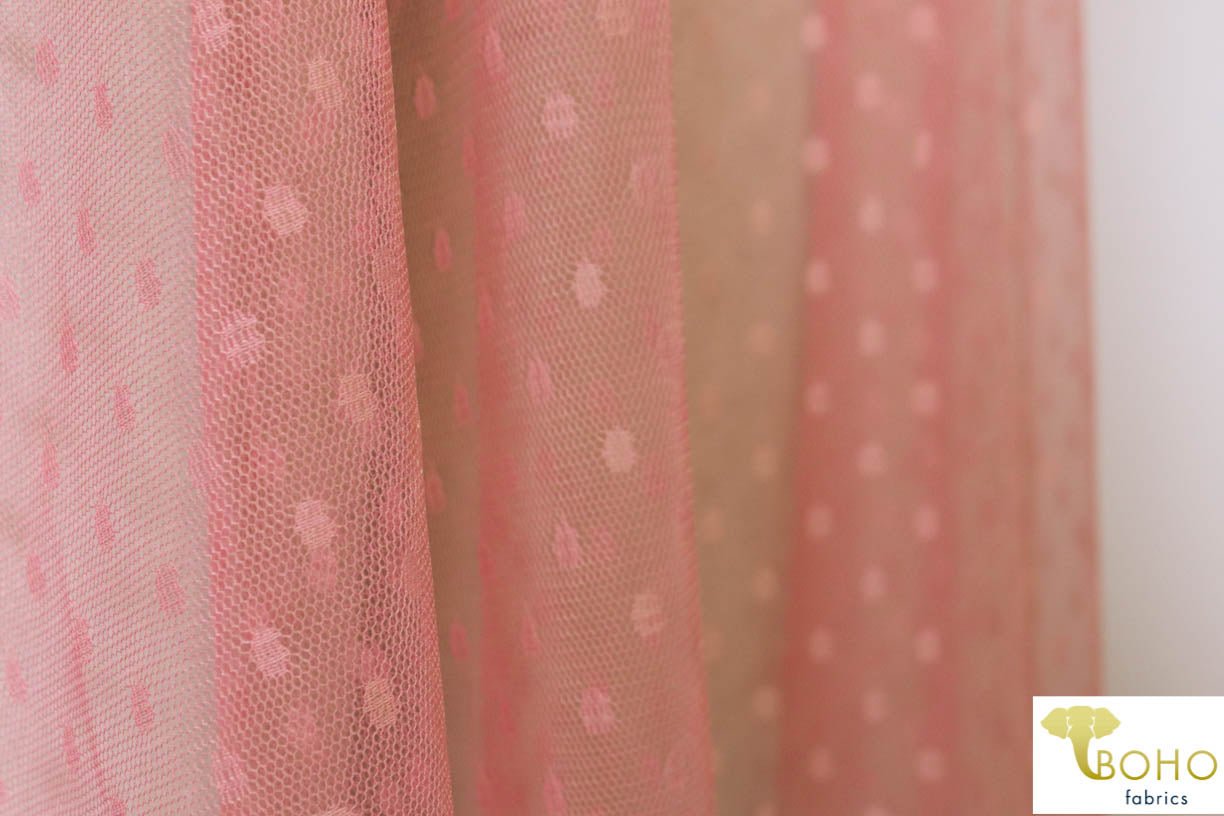 Last Cuts! Peach Pink Oval Swiss Dot. Stretch Mesh. SM-105. - Boho Fabrics