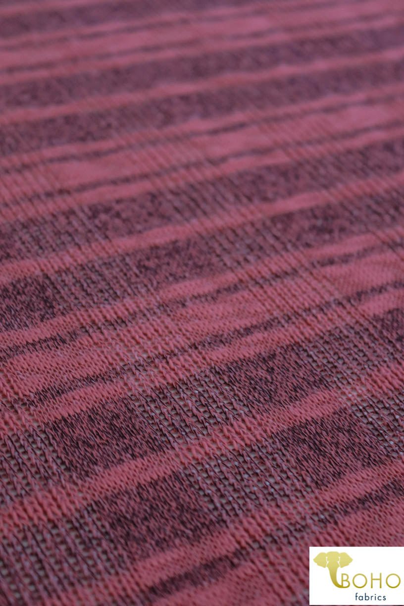 Last Cuts! Plaid - Heather Tan Stripes on Dusty Coral. Open Weave Sweater Knit. SWTR-192-PNK. - Boho Fabrics