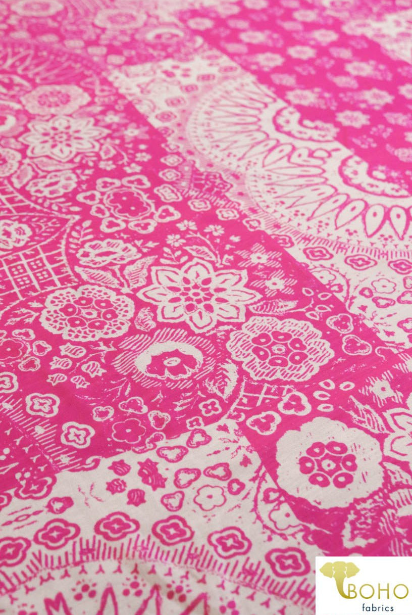 Last Cuts! Quilted Artisan Suns and Flowers in Pink and White. Georgette Chiffon Poly Woven. WV-163-PNK - Boho Fabrics