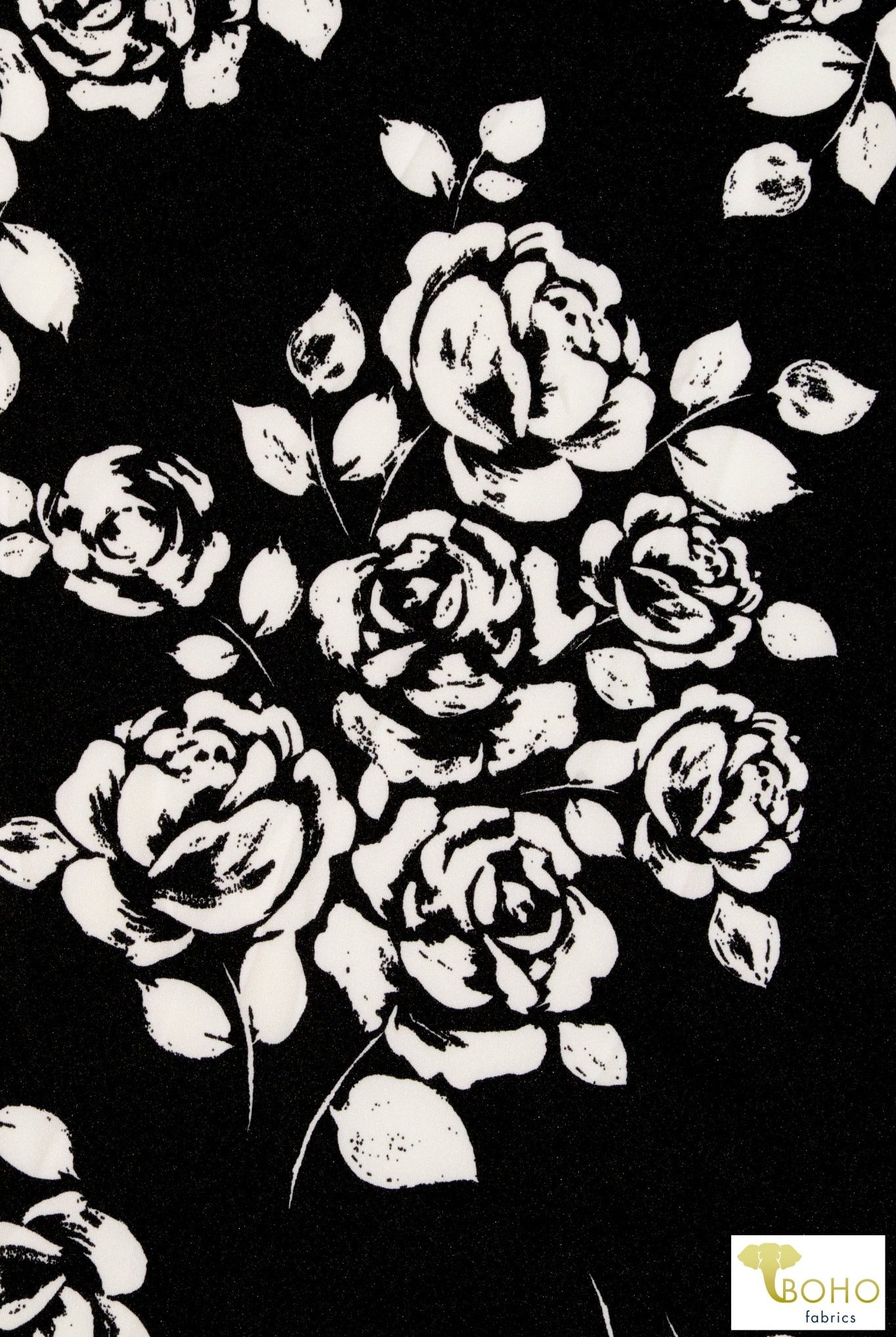 Last Cuts! Rose Silhouette on Black Scuba Knit. SCU-114-BLK - Boho Fabrics