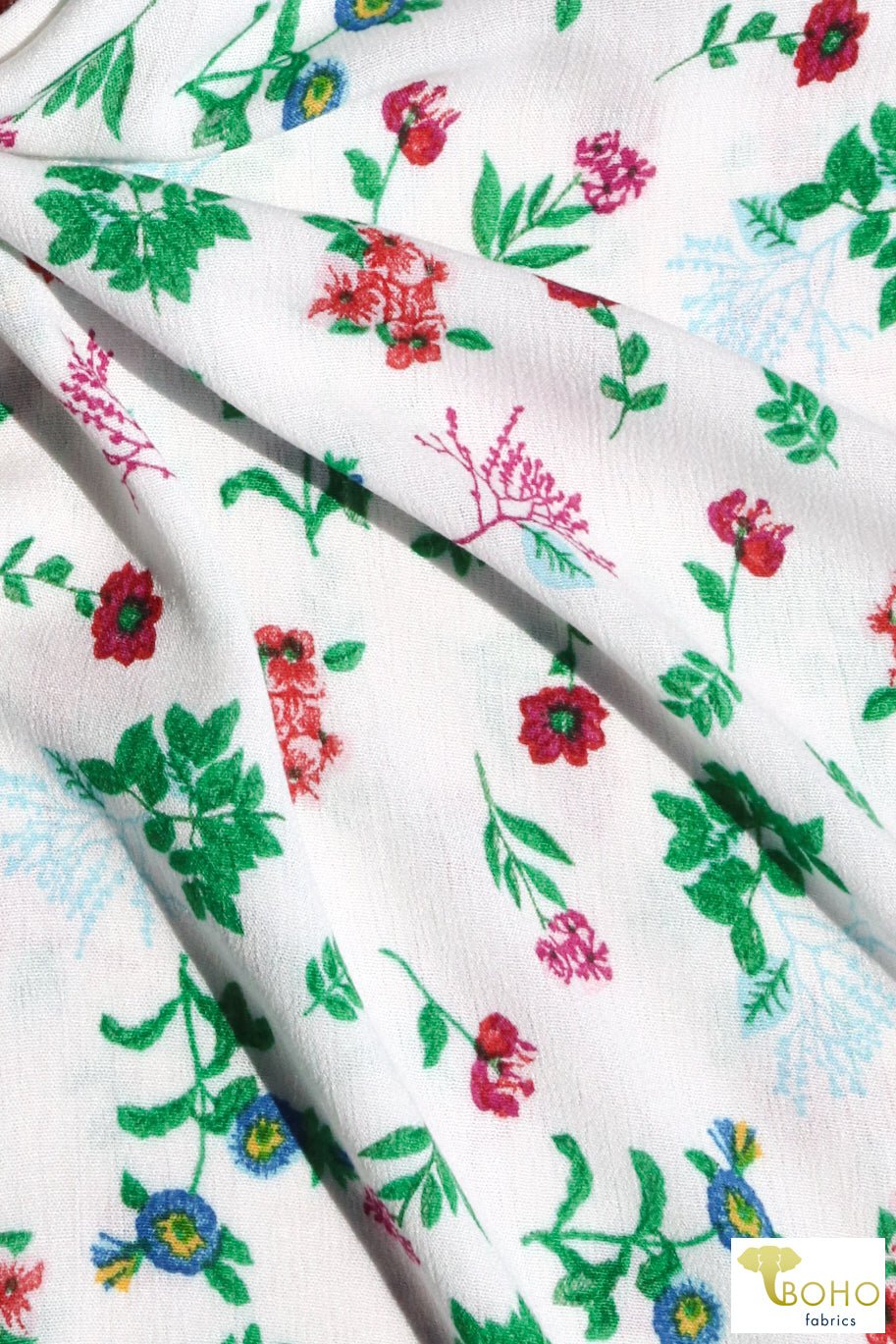 Last Cuts! Sage Botanicals on White, Rayon Crepe Woven. WVP-205-WHT - Boho Fabrics