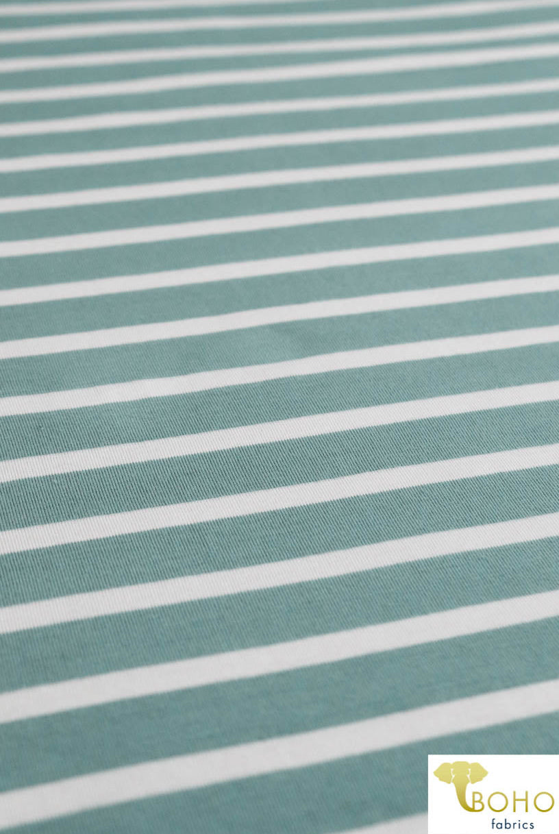 Last Cuts! Seaside Stripes in White on Blue/Green. Rayon Spandex Knit. R-115 - Boho Fabrics