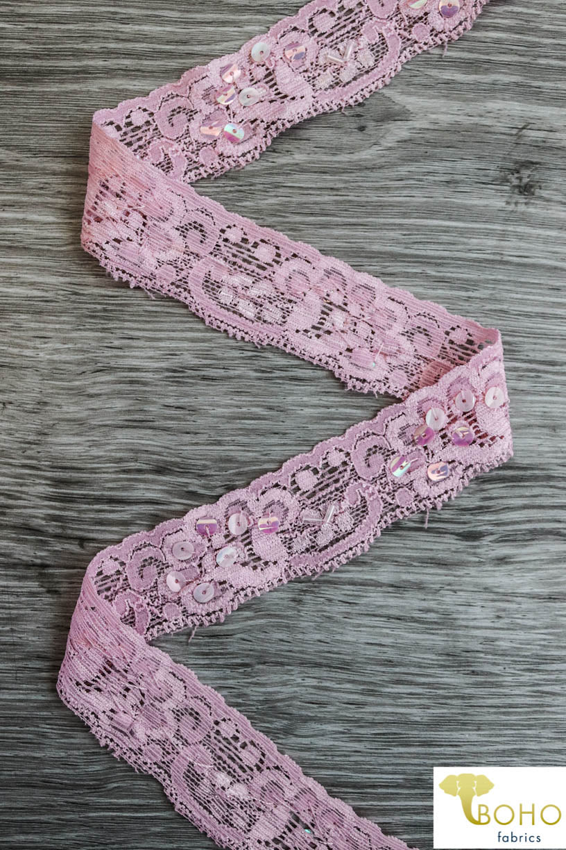 Last Cuts! Sequin Roseland in Pink, 1 1/8" Stretch Lace. SL-011. - Boho Fabrics