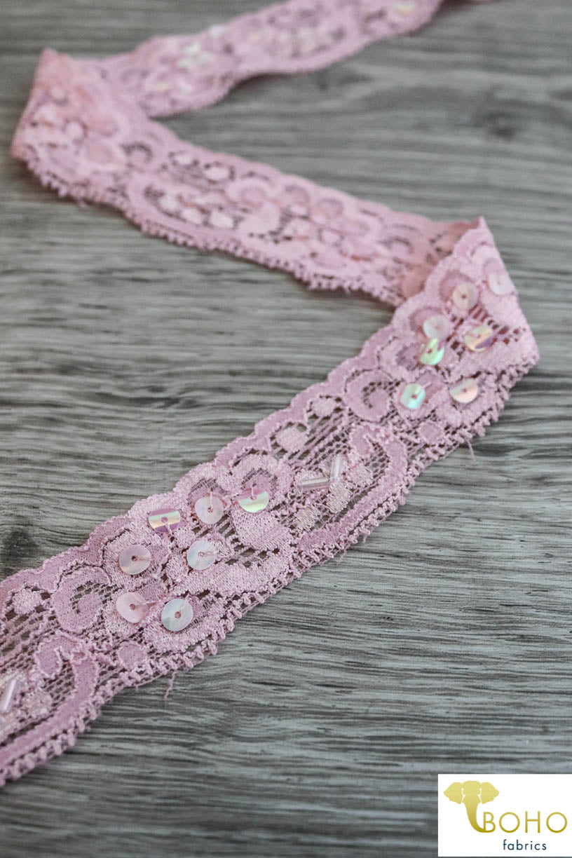 Last Cuts! Sequin Roseland in Pink, 1 1/8" Stretch Lace. SL-011. - Boho Fabrics