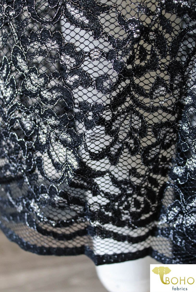 Last Cuts! Silver Leaves on Black. Woven Lace. WV-129 - Boho Fabrics