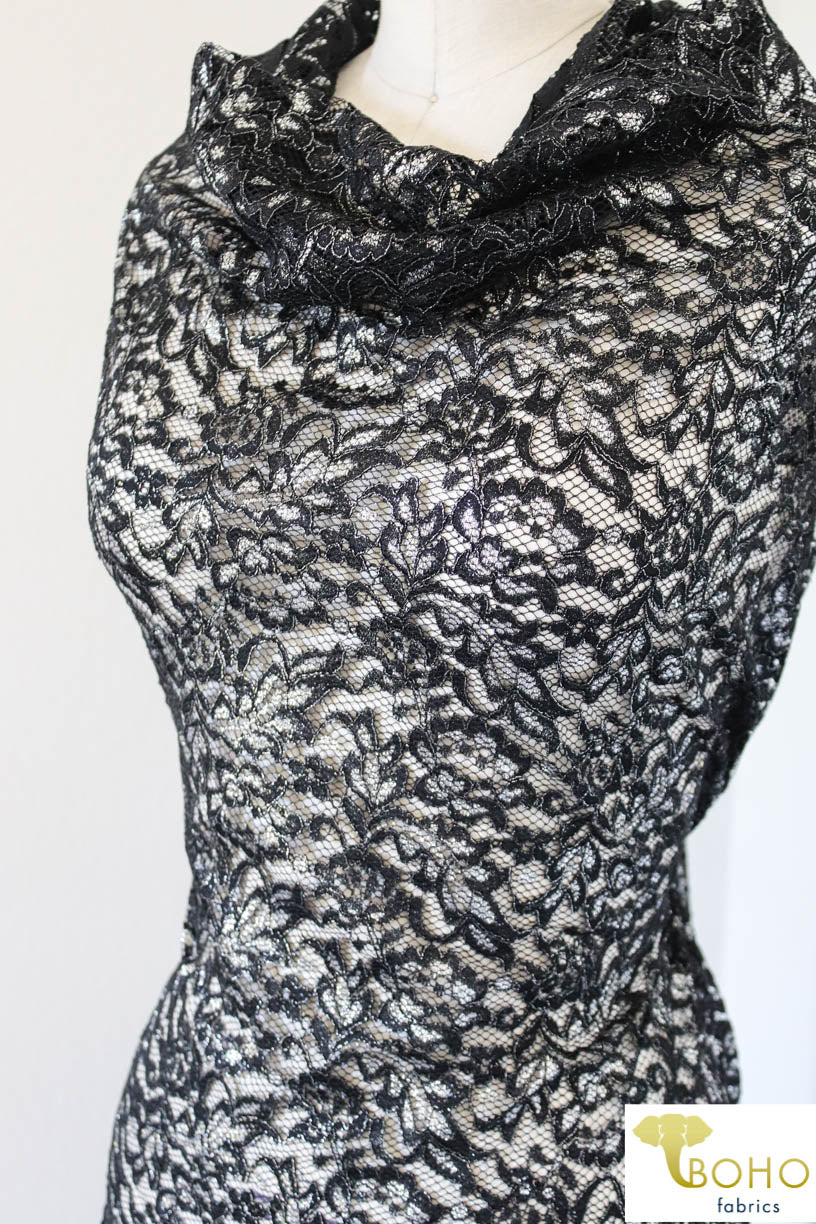 Last Cuts! Silver Leaves on Black. Woven Lace. WV-129 - Boho Fabrics