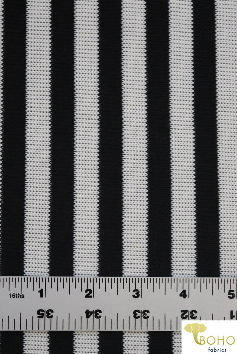 Last Cuts! Soccer Stripes. Black & White Printed Looseweave Sweater Knit. SWTR-172 - Boho Fabrics