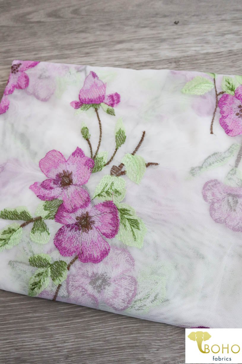 Last Cuts! Special Occasion: Purple Hibiscus White on White Net/Mesh. SO-106 - Boho Fabrics