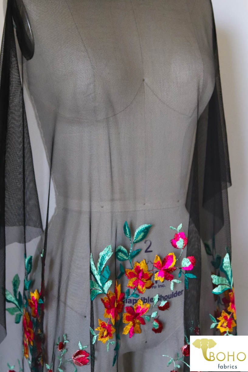 Last Cuts! Special Occasion: "Tropical Paradise" Embroidered Stretch Mesh on Black - Boho Fabrics