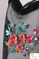 Last Cuts! Special Occasion: "Tropical Paradise" Embroidered Stretch Mesh on Black - Boho Fabrics