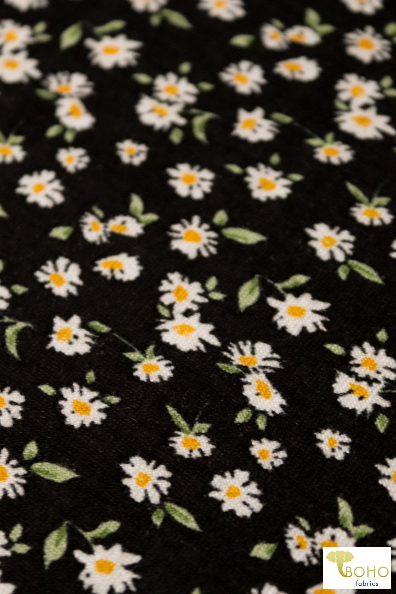 Last Cuts! Summer Daisies on Black, Cotton/Modal/Spandex Knit. CLP-108 - Boho Fabrics