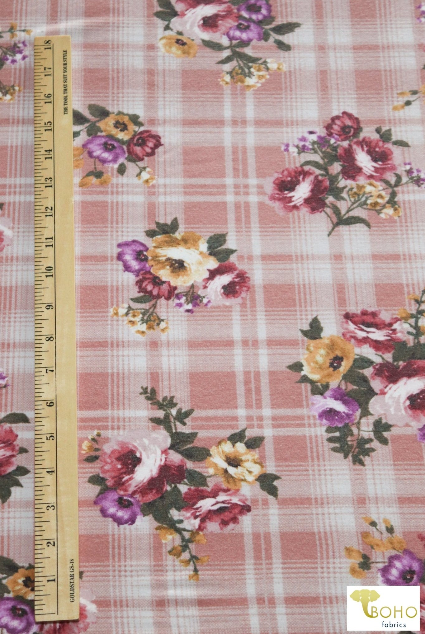 Last Cuts! Summer Plaid Florals on Pink, French Terry Print. FTP-317 - Boho Fabrics