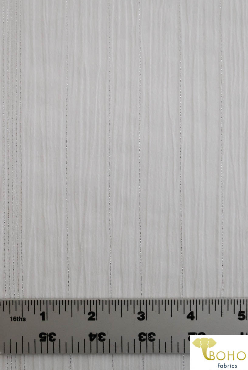 Last Cuts! Vertical Metallic Silver Stripes on White. Crinkle Gauze Woven Fabric. WV-109-WHT. - Boho Fabrics