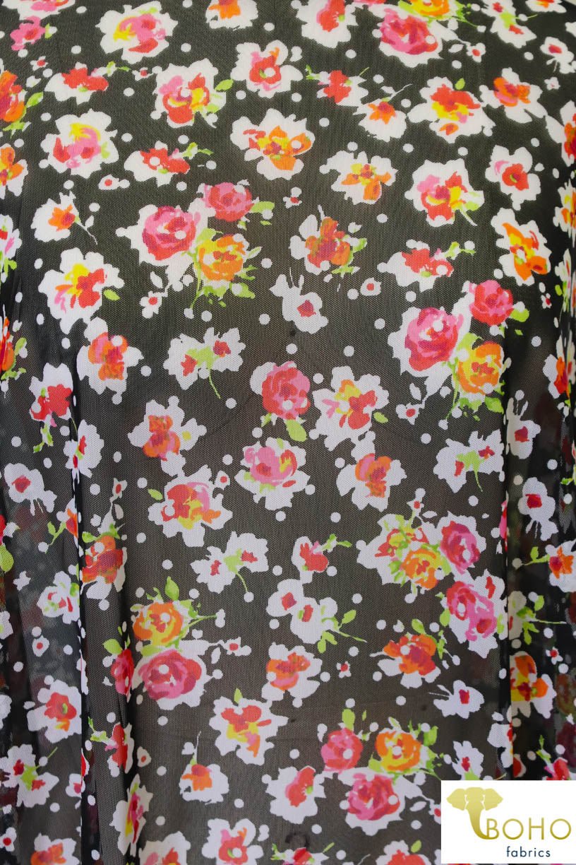 Last Cuts! Vibrant Florals & White Polka Dots on Black. Stretch Mesh. SM-106. - Boho Fabrics