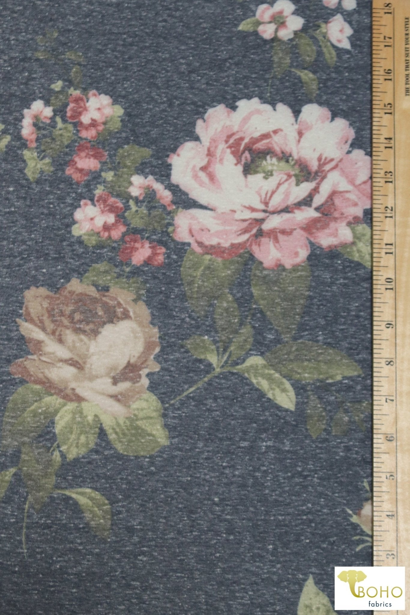 Last Cuts! "Vintage Rosebuds" on Gray Tri-Blend Jersey Knit. JER-P-103-GRY. - Boho Fabrics
