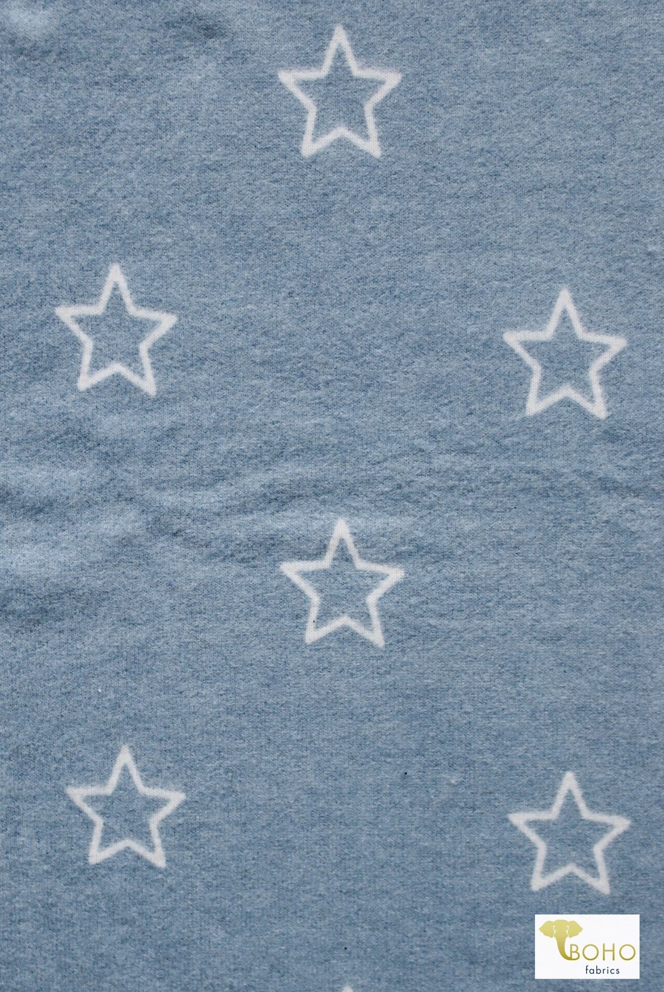 Light Blue Stars, Brushed Printed Sweater Knit Fabric - Boho Fabrics