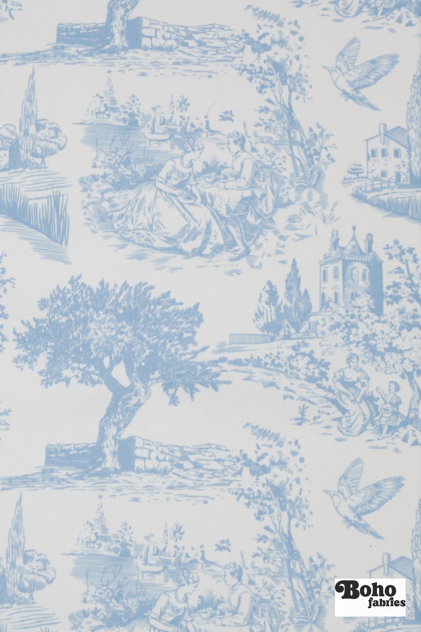 Light Blue & White, Toile Twill Woven Fabric - Boho Fabrics - Woven Fabric