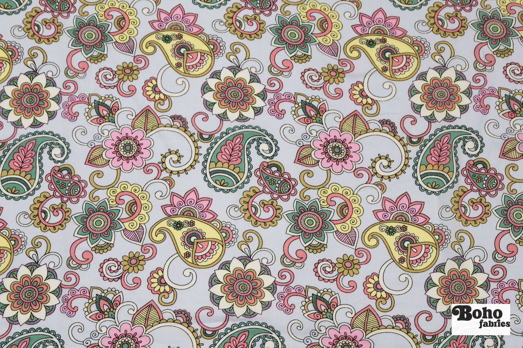 Light Blue with Pastel Paisley and Florals Rayon Challis Woven Fabric - Boho Fabrics - Challis, Woven