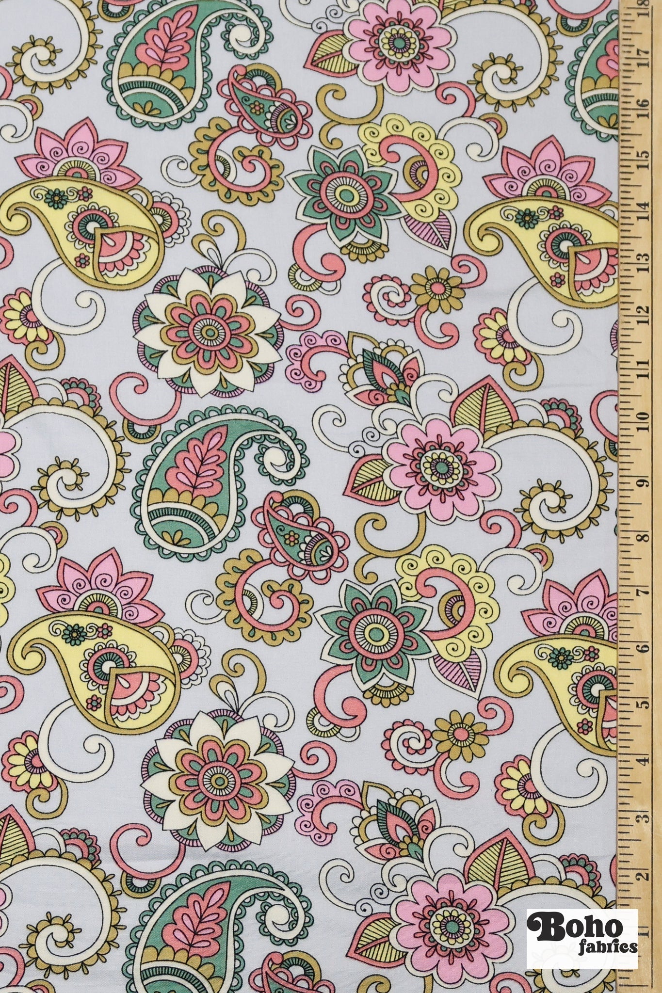 Light Blue with Pastel Paisley and Florals Rayon Challis Woven Fabric - Boho Fabrics - Challis, Woven