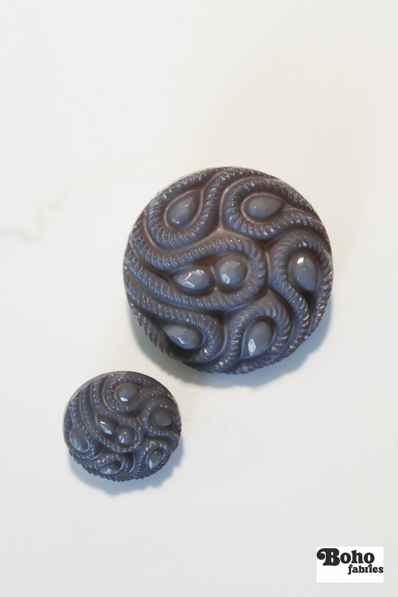 Light Gray Paisley Faceted, Plastic Shank Buttons. Available in 15mm (24L) and 28mm (44L) - Boho Fabrics - Buttons & Snaps