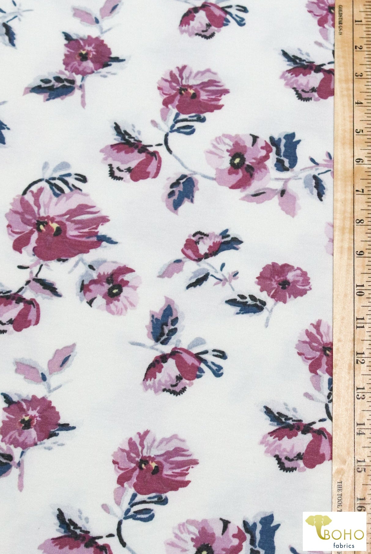 Lilac Cosmos on White, French Terry Knit Print. FTP-330-PURP - Boho Fabrics