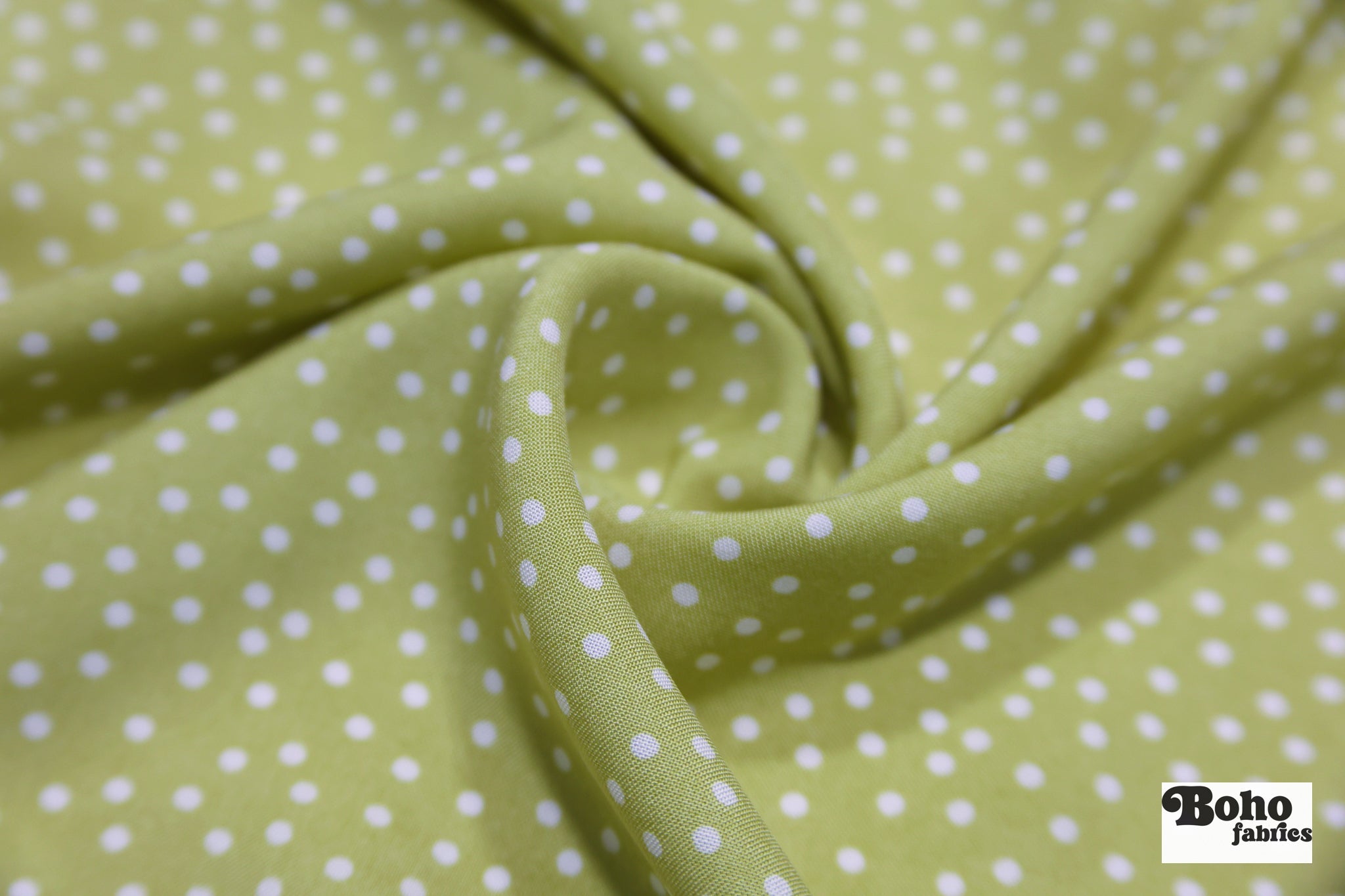 Lime Green with White Polka Dots Rayon Challis Woven Fabric - Boho Fabrics - Challis, Woven