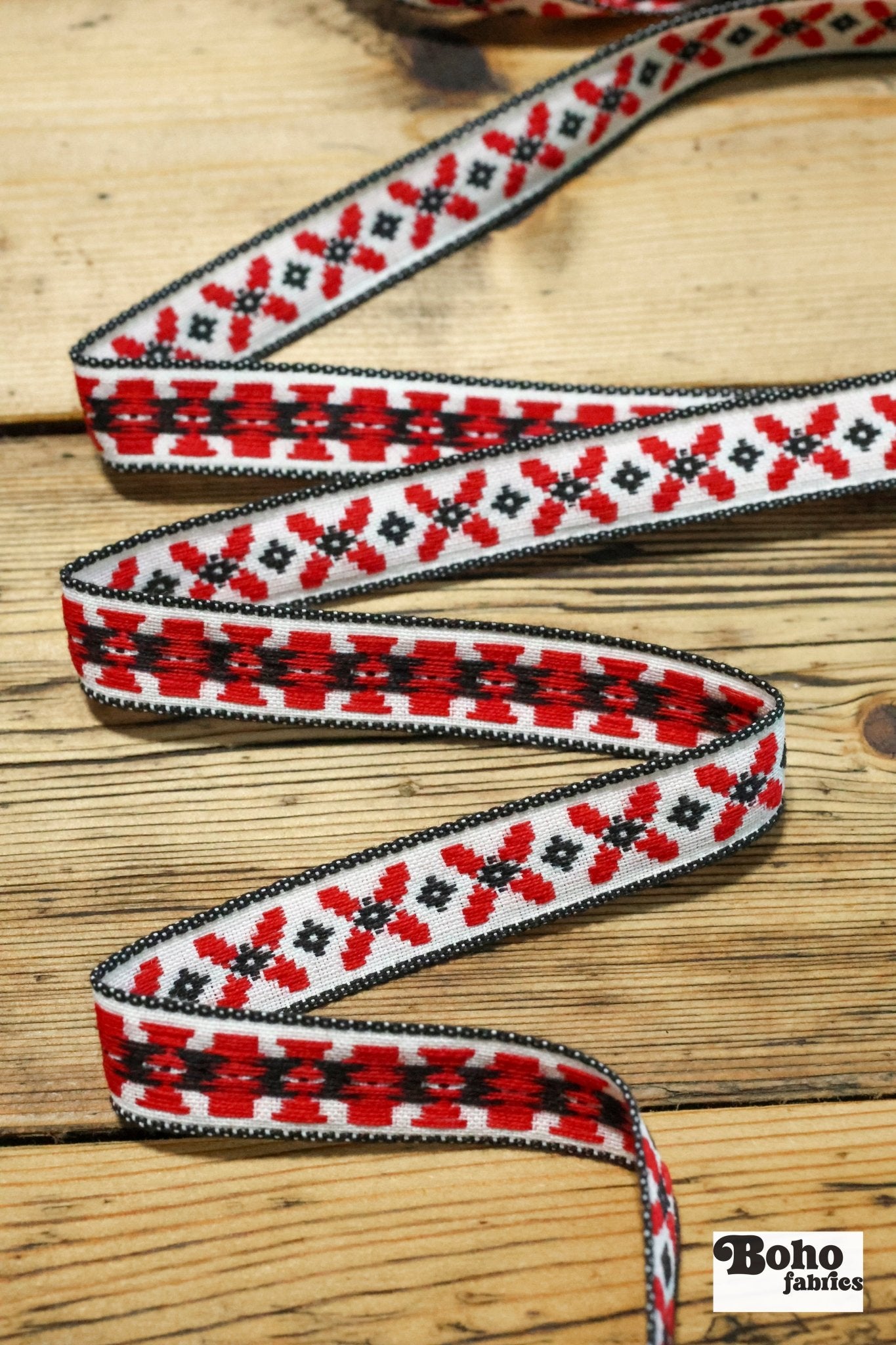 Little Red X, 5/8" Jacquard Woven Trim, TRIM - 009 - Boho Fabrics - Trims