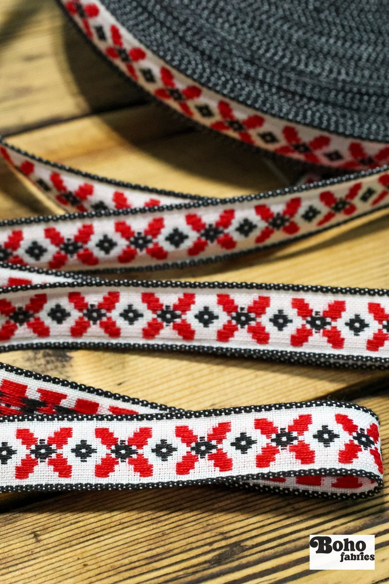 Little Red X, 5/8" Jacquard Woven Trim, TRIM - 009 - Boho Fabrics - Trims