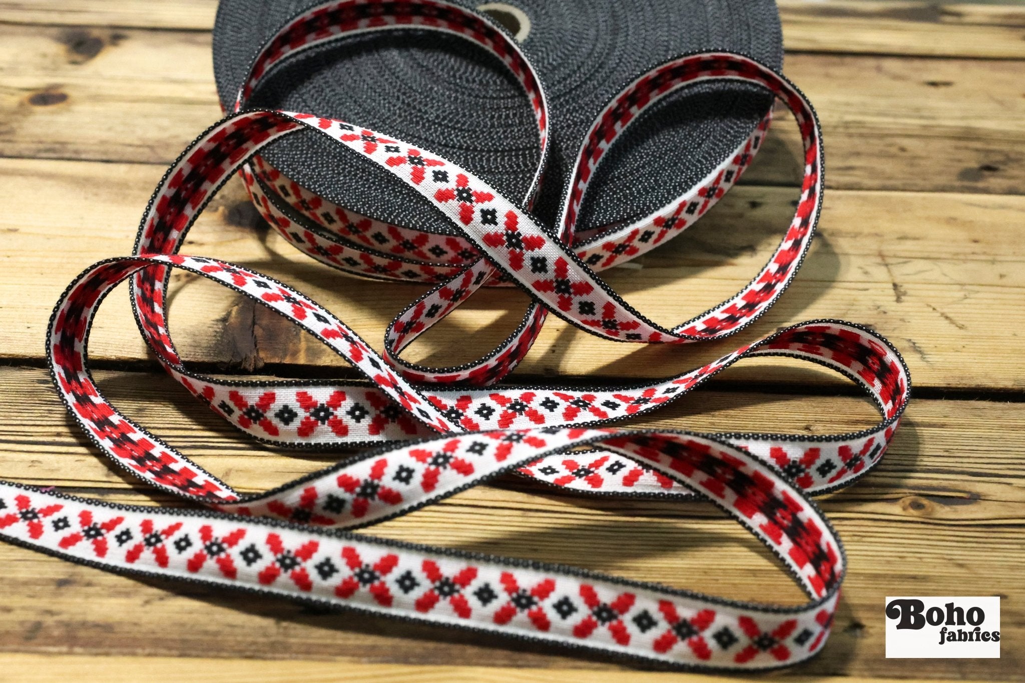 Little Red X, 5/8" Jacquard Woven Trim, TRIM - 009 - Boho Fabrics - Trims
